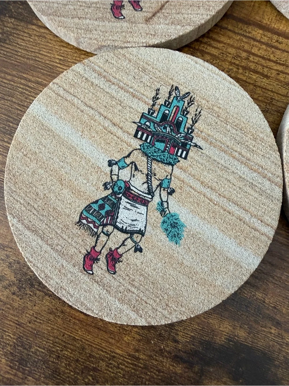 Vintage Thirstystone Sandstone Coaster Set 4 Kachina Dancer Box USA 1988 Cork